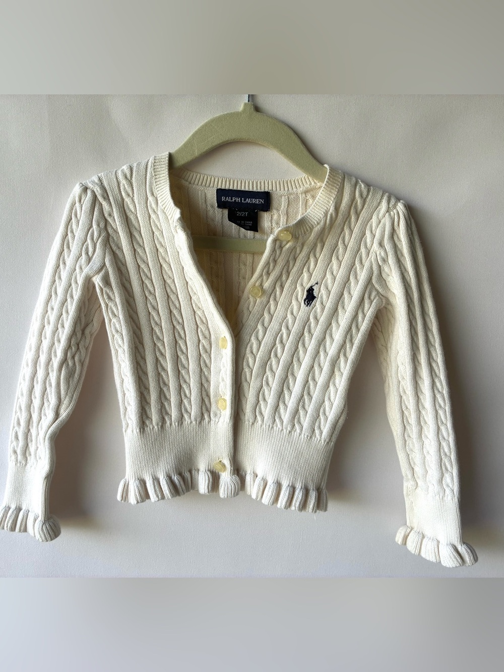 Ralph Lauren Girls 2T Ivory Cable Knit Cardigan Sweater Ruffle Hem